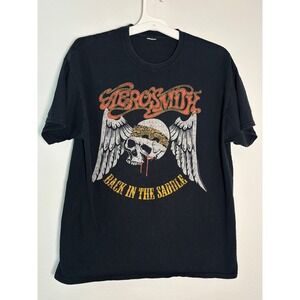 Aerosmith Back in the Saddle Graphic T-Shirt Black Skull Wings Rock Band Mens L